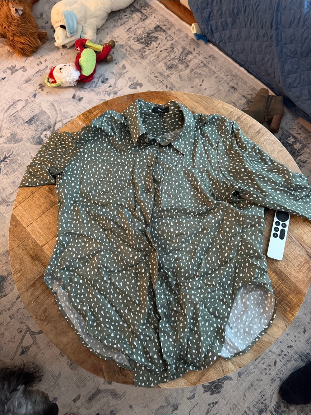Theory Olive Green Button-Down Blouse with White Dot Print